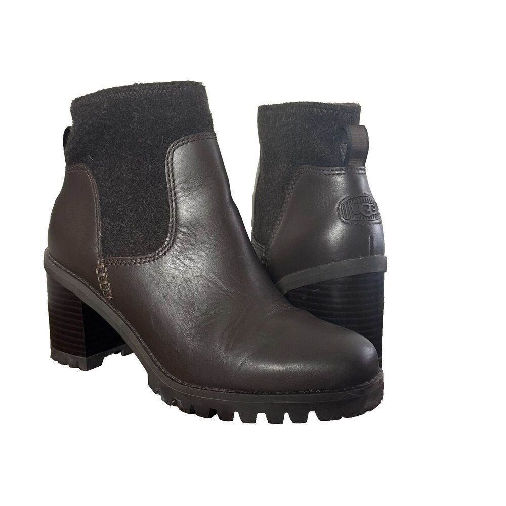 UGG Womens 7.5 Brown Leather Ankle Boots Chunky Block Heel Fall Winter